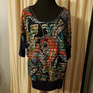 Banabee Top Tunic Size 1X Multicolor Paisley w/ Attached Statement Necklace